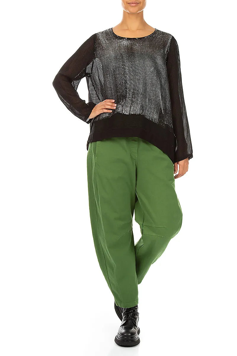 Black Foil Mesh Silk Blouse