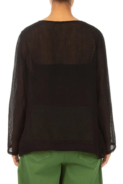 Black Foil Mesh Silk Blouse