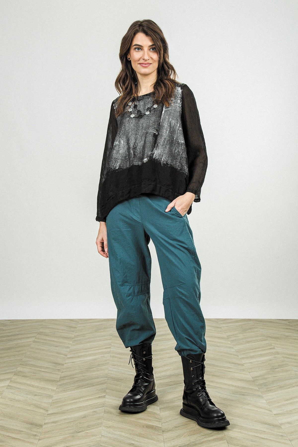 Black Foil Mesh Silk Blouse