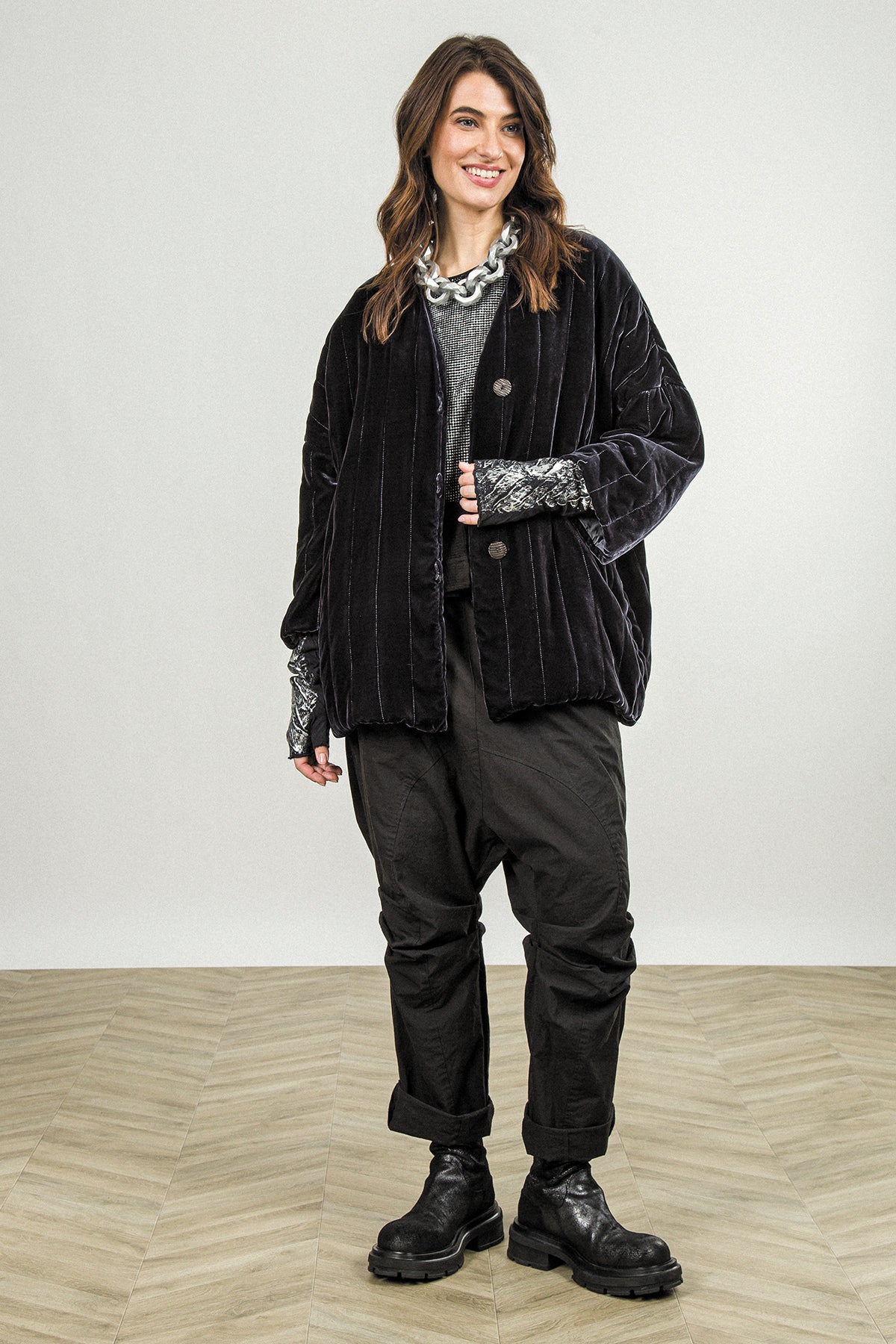Black Foil Mesh Silk Blouse