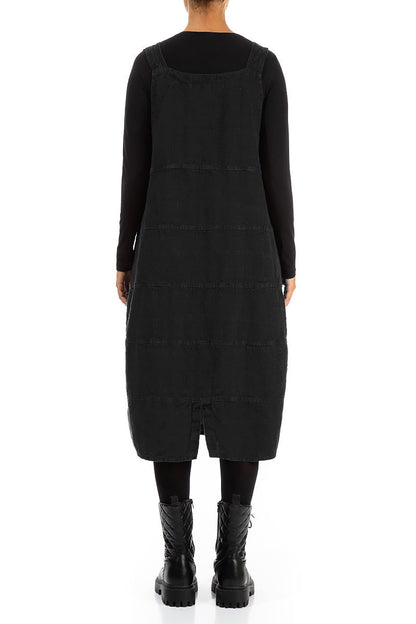 Black Patterned Linen Dungaree Dress