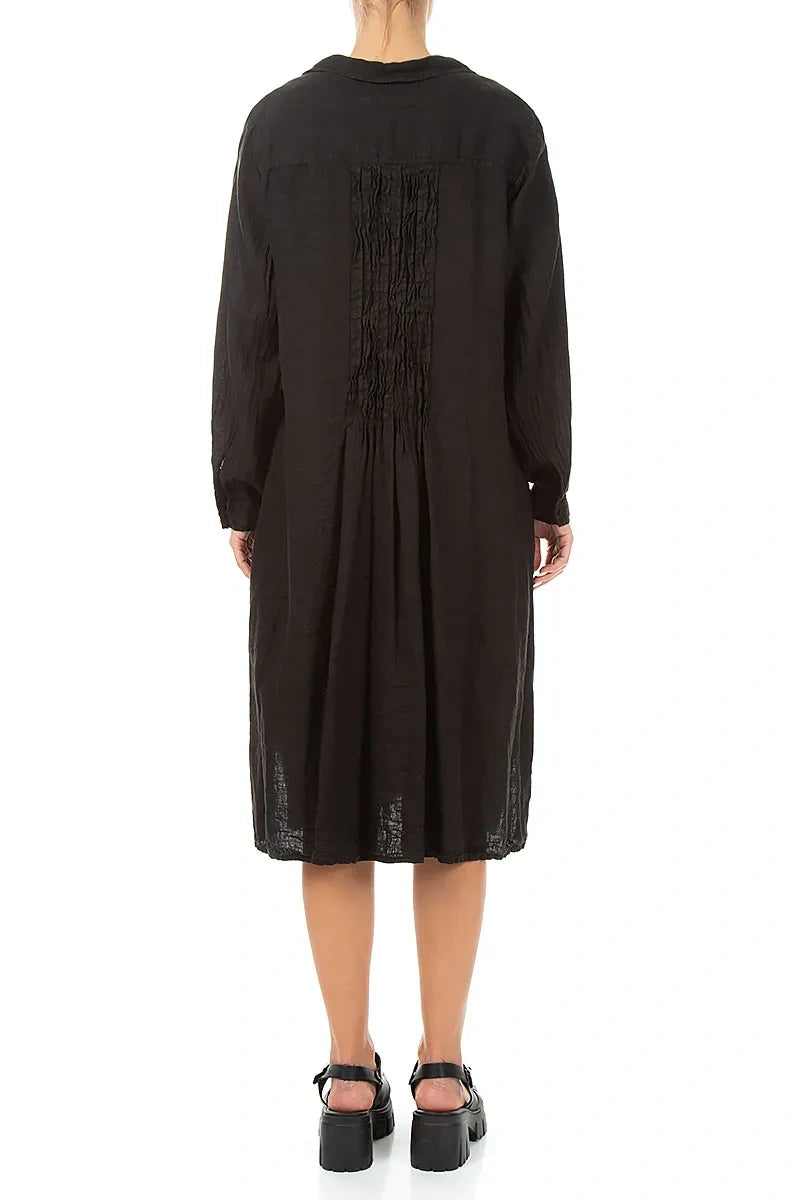 Black Pintuck Linen Shirt Dress