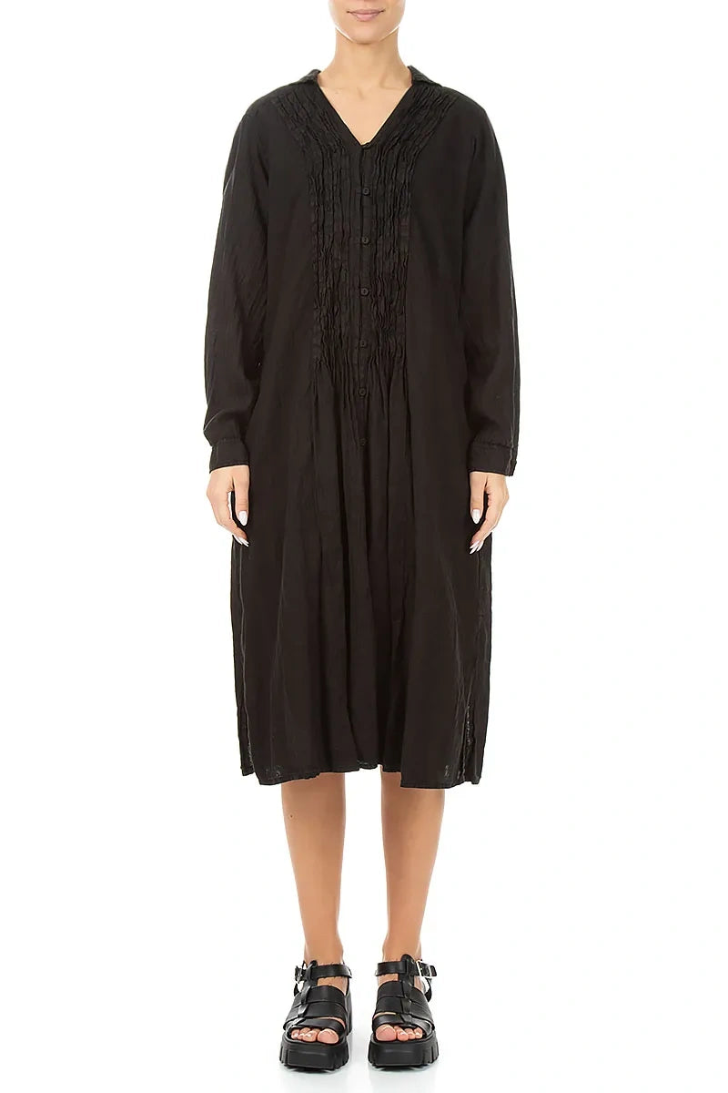 Black Pintuck Linen Shirt Dress