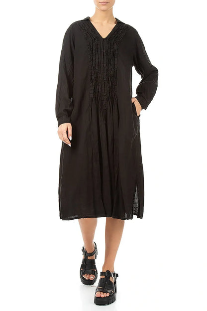 Black Pintuck Linen Shirt Dress 3