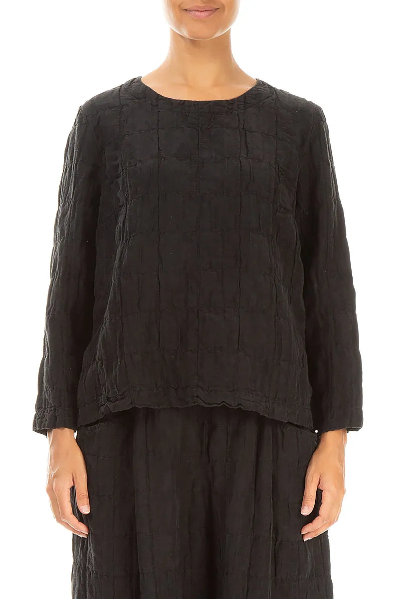 Black Pleated Silk Linen Blouse 1