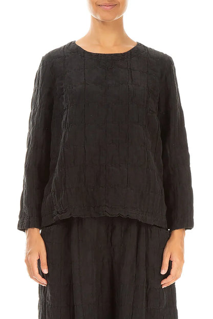 Black Pleated Silk Linen Blouse 1