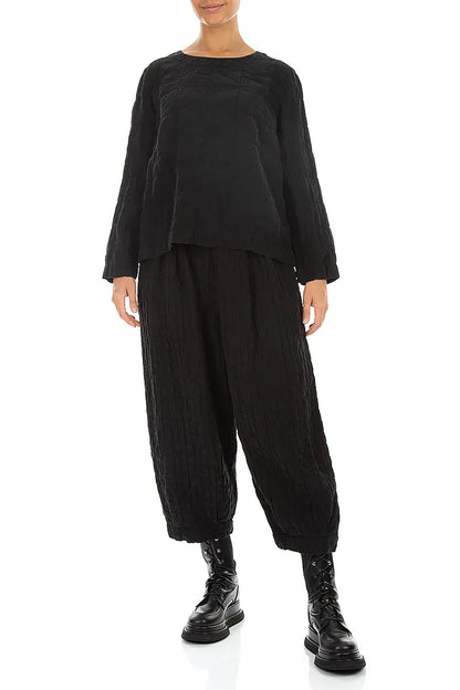 Black Pleated Silk Linen Blouse 4