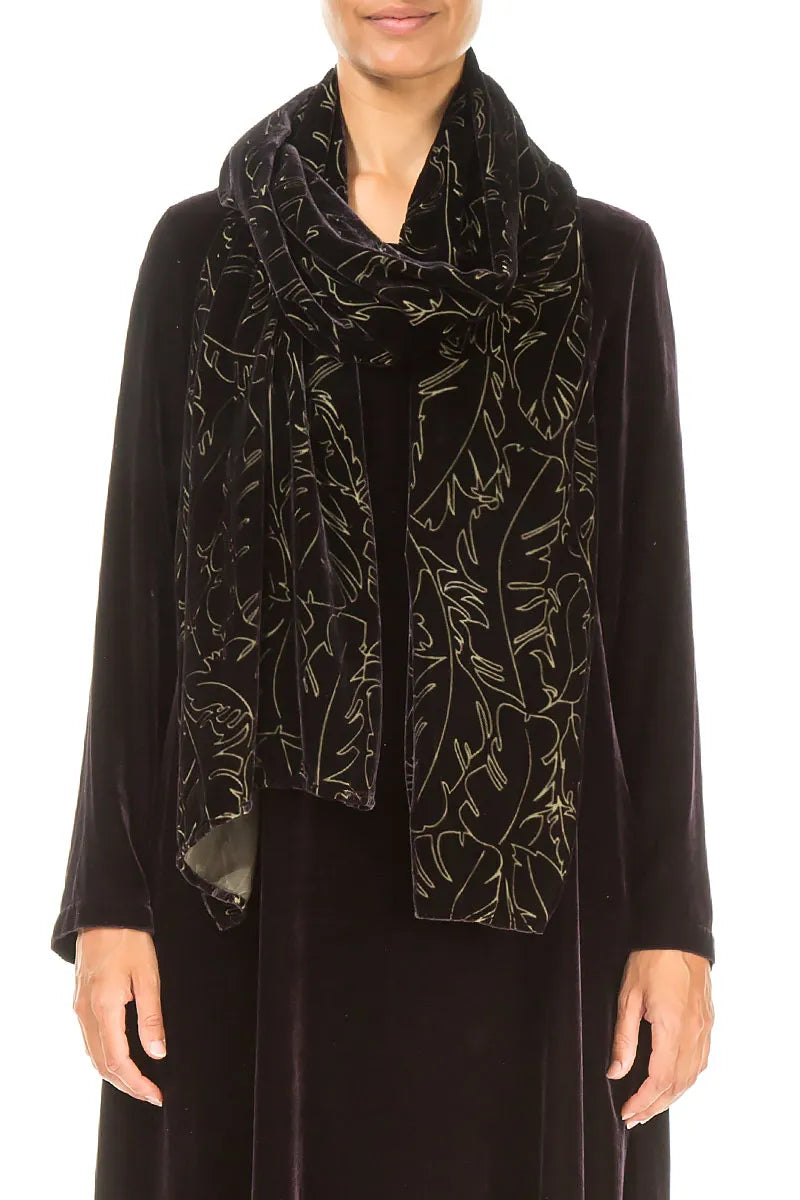 Black Silver Devoré Feather Silk Velvet Scarf