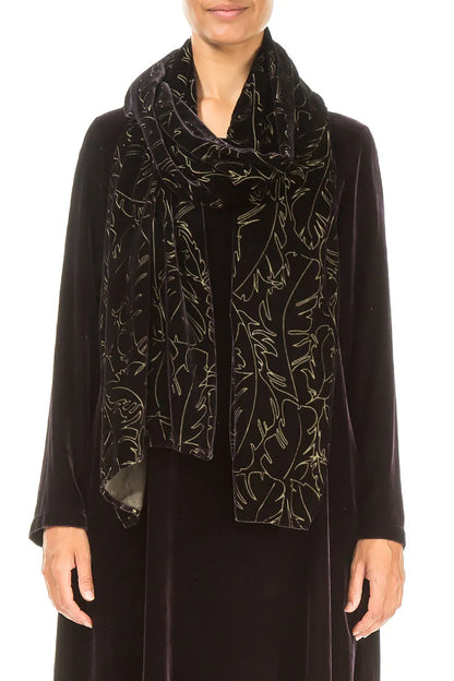 Black Silver Devoré Feather Silk Velvet Scarf