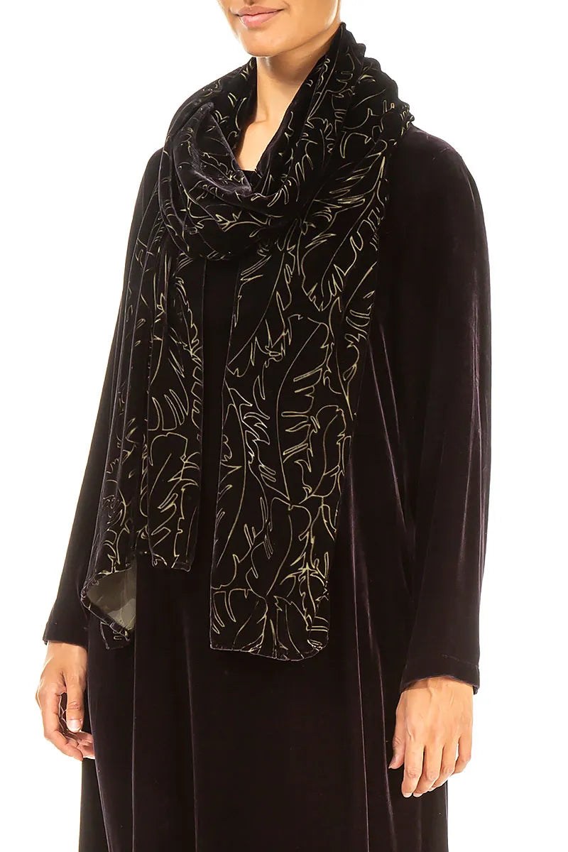 Black Silver Devoré Feather Silk Velvet Scarf