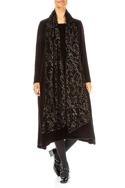 Black Silver Devoré Feather Silk Velvet Scarf