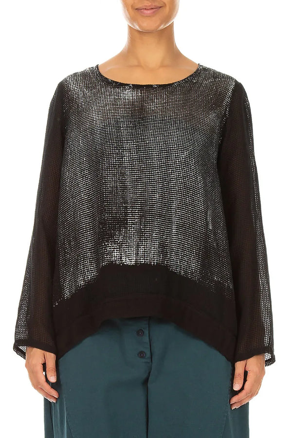 Black Silver Metallic Mesh Silk Blouse 1