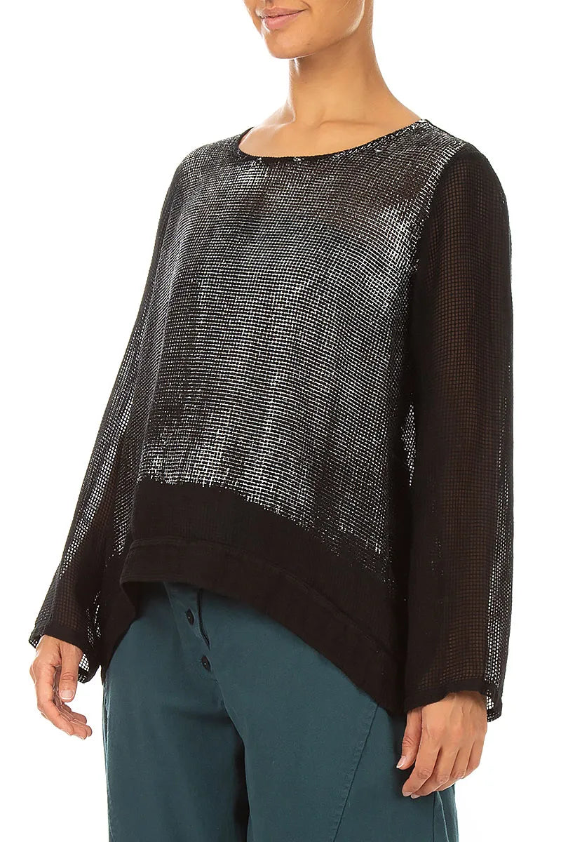 Black Silver Metallic Mesh Silk Blouse