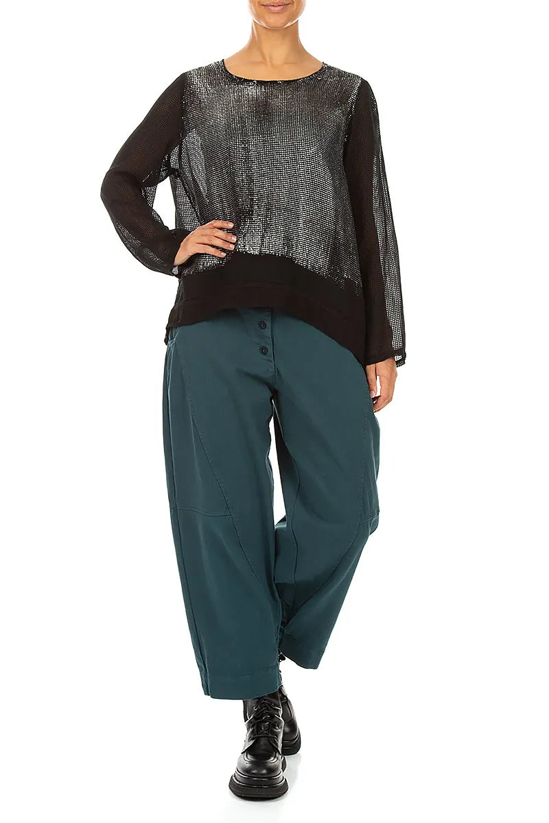 Black Silver Metallic Mesh Silk Blouse
