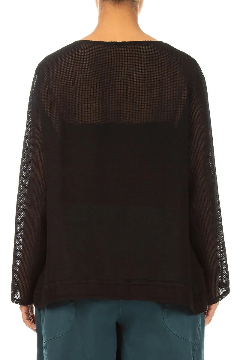 Black Silver Metallic Mesh Silk Blouse