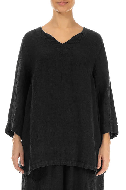 Black Sweetheart Neck Mélange Linen Blouse