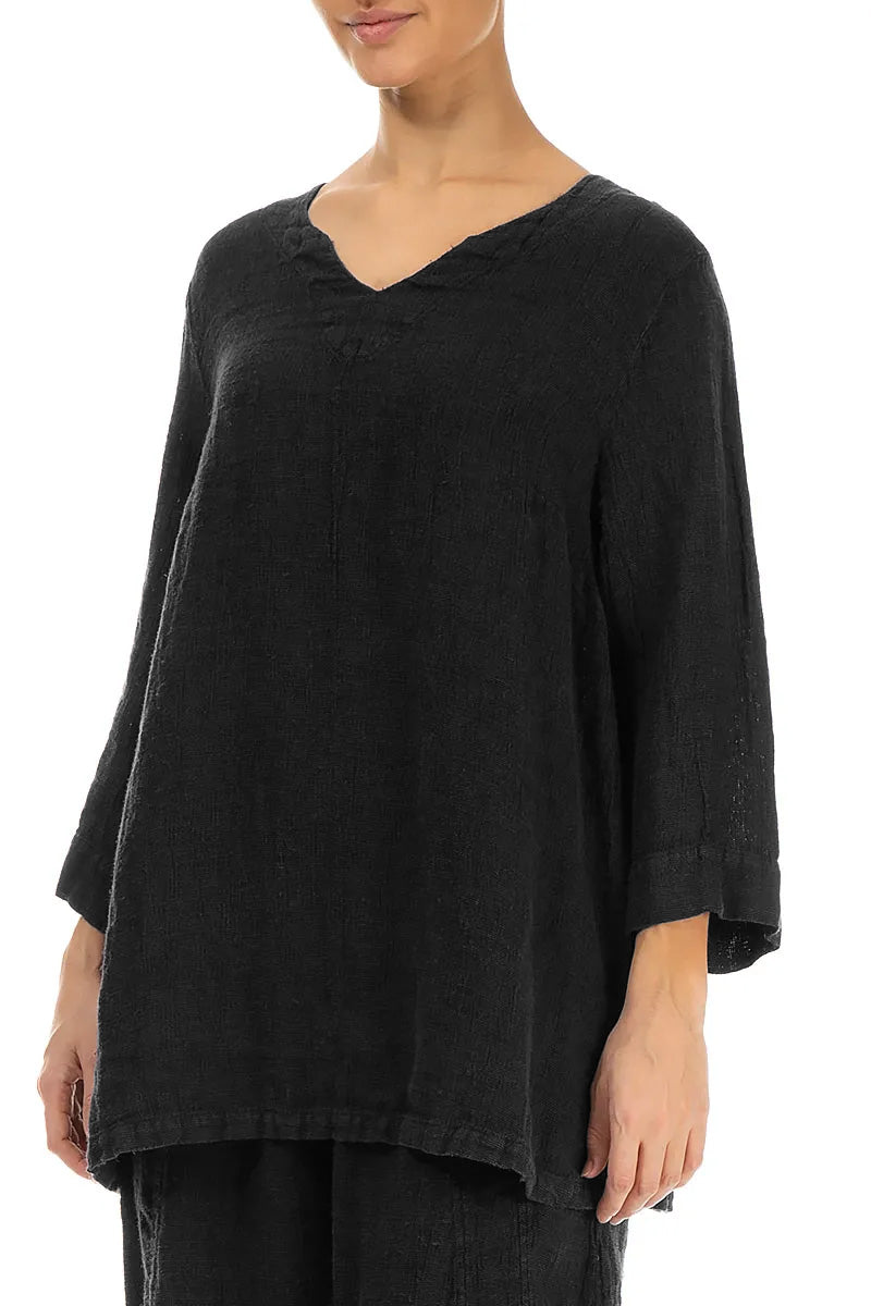 Black Sweetheart Neck Mélange Linen Blouse
