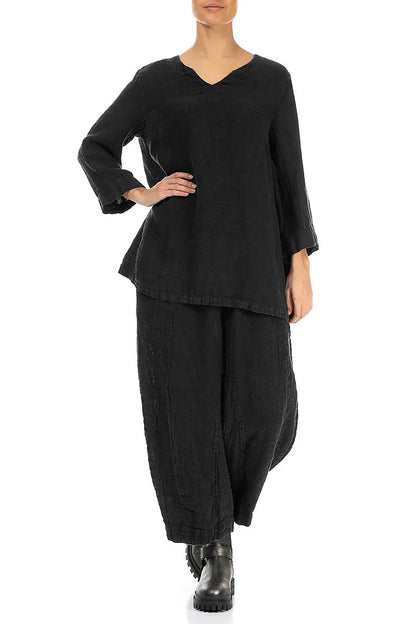 Black Sweetheart Neck Mélange Linen Blouse