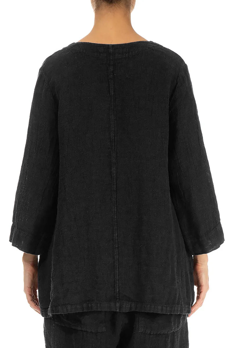 Black Sweetheart Neck Mélange Linen Blouse