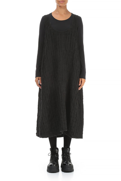 Black Textured Linen Pinafore Dress