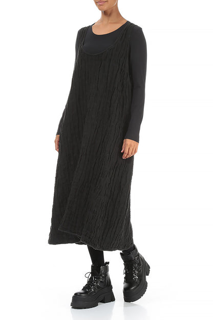 Black Textured Linen Pinafore Dress