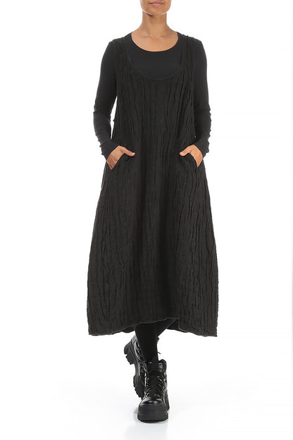 Black Textured Linen Pinafore Dress