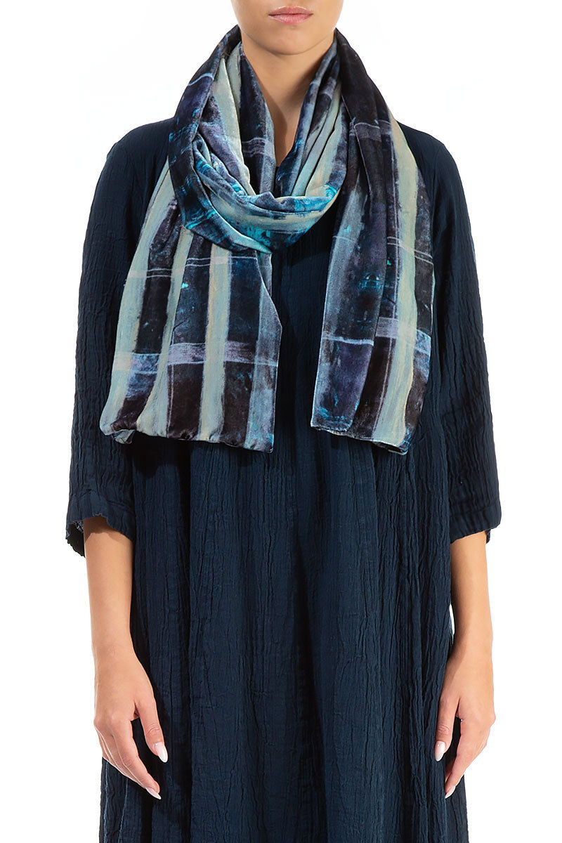 Blue Lines Stretch Silk Velvet Scarf 1