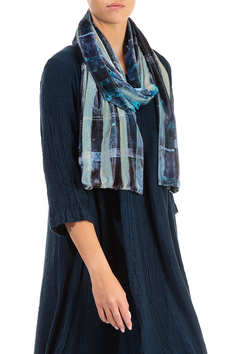 Blue Lines Stretch Silk Velvet Scarf 2
