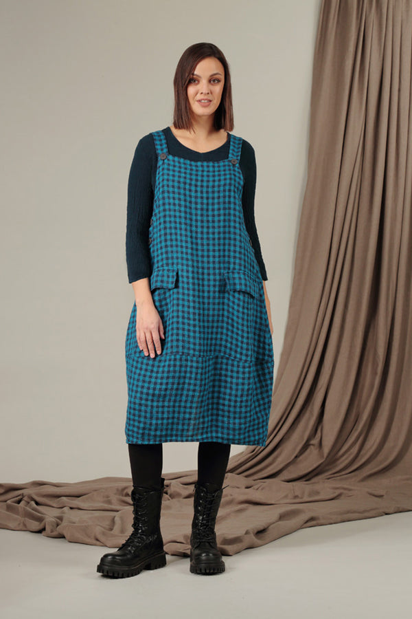 Blue Check Linen Dungaree Dress 6