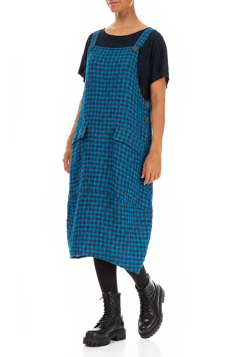 Blue Check Linen Dungaree Dress 3
