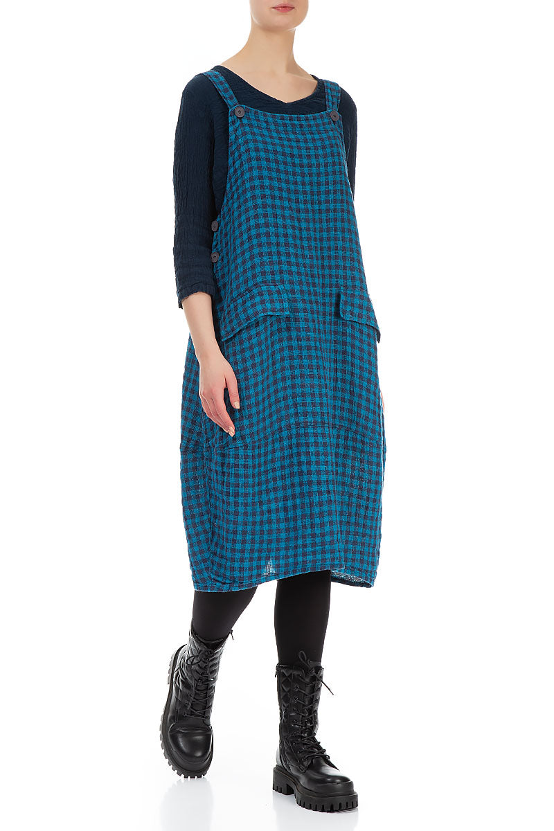 Blue Check Linen Dungaree Dress