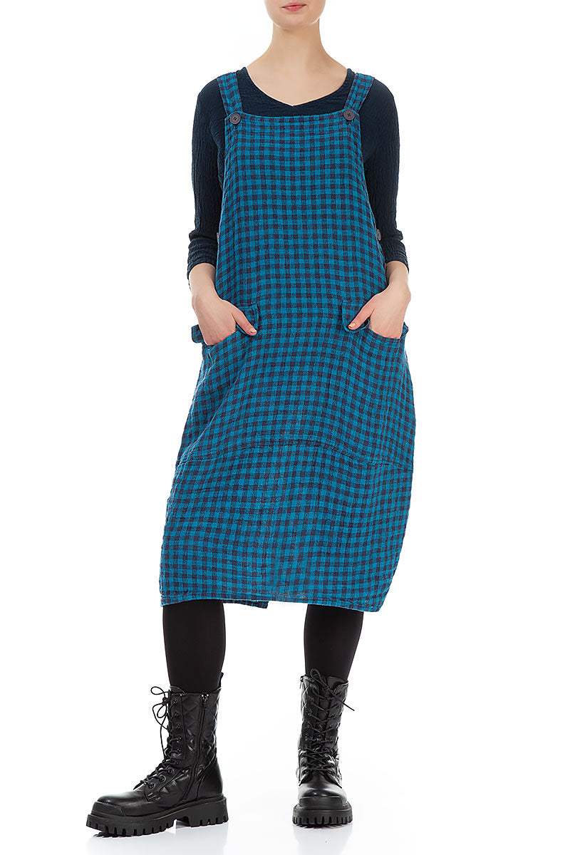 Blue Check Linen Dungaree Dress