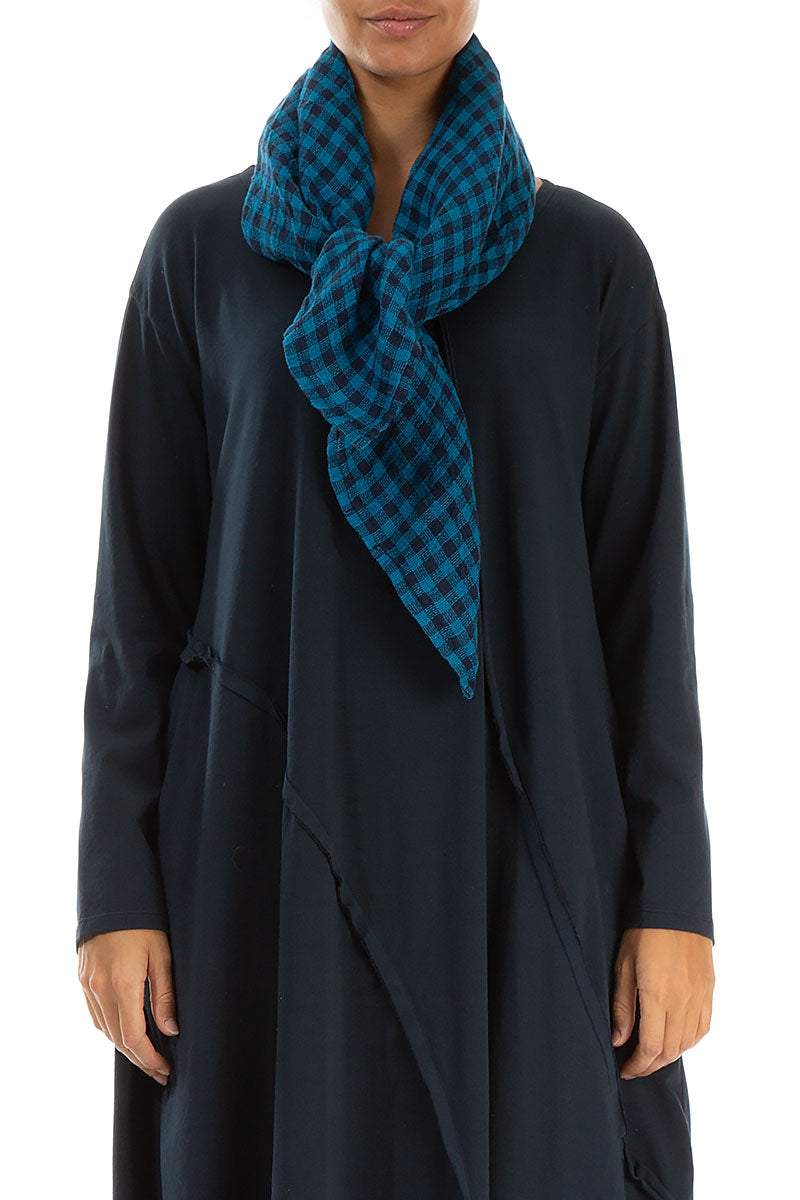 Blue Check Linen Square Scarf