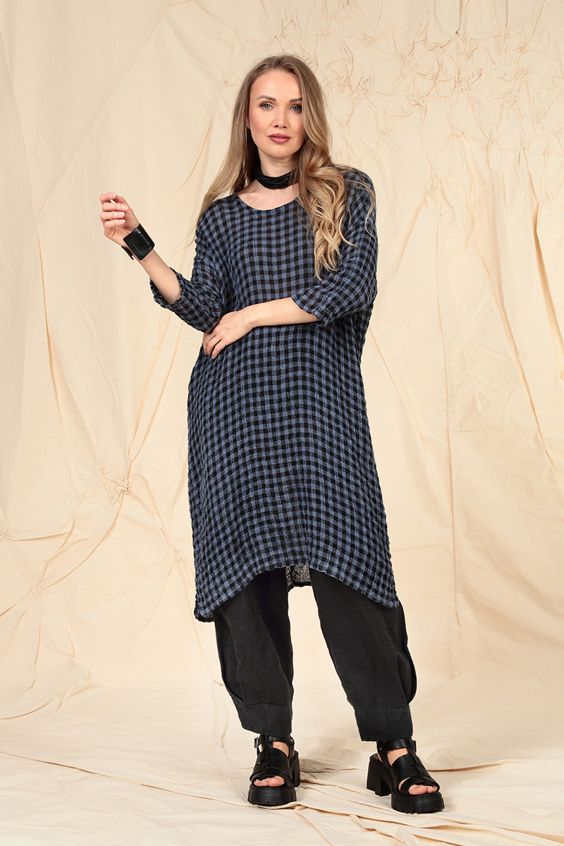 Blue Nova Check Gauze Linen Tunic Dress grizas.com Blue Nova Check Gauze Linen Tunic Dress grizas.com