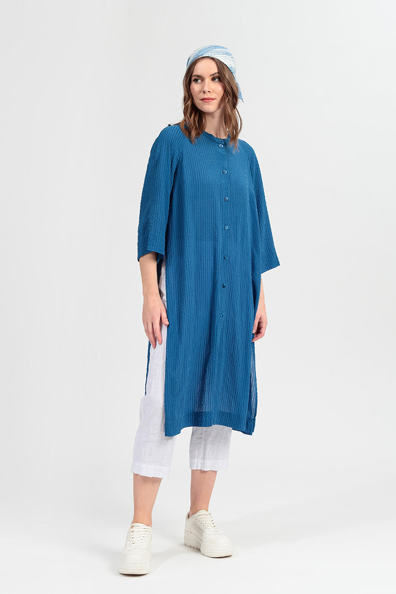 Foulard carré en soie et bambou à rayures bleues