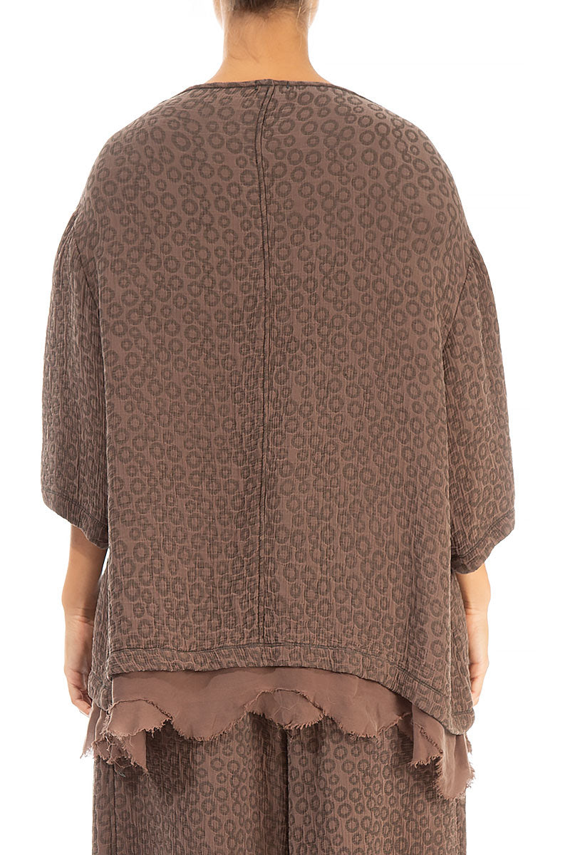 Boat Neck Brown Textured Silk Blouse