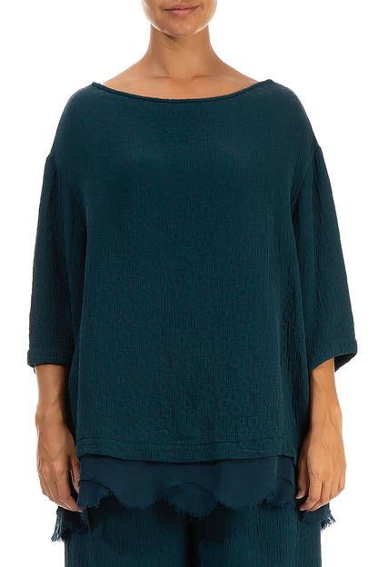 Boat Neck Emerald Teal Textured Silk Blouse