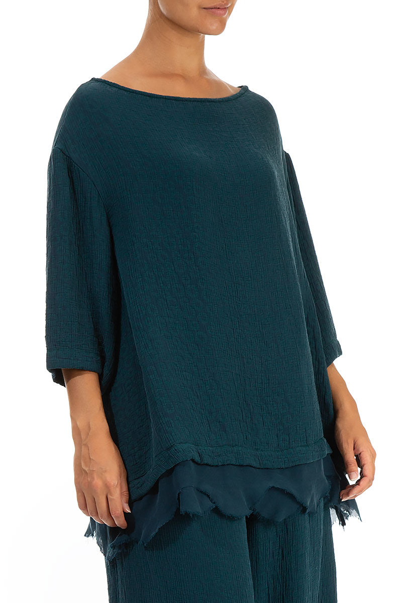 Boat Neck Emerald Teal Textured Silk Blouse