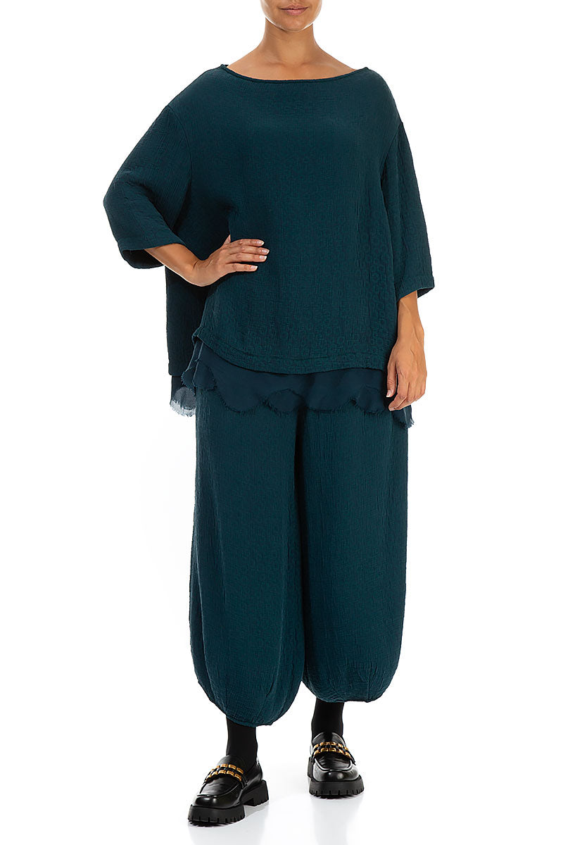 Boat Neck Emerald Teal Textured Silk Blouse