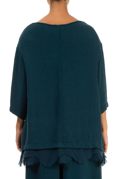 Boat Neck Emerald Teal Textured Silk Blouse