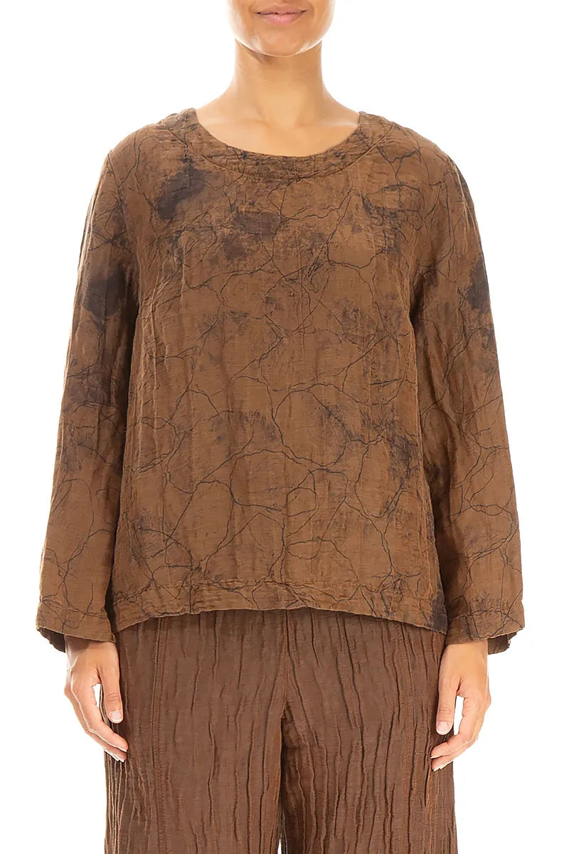 Boxy Aged Copper Marble Crinkled Silk Blouse 1