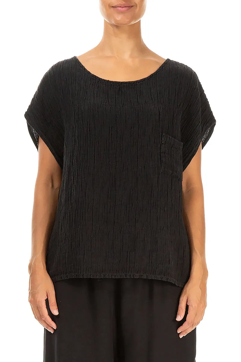 Boxy Black Crinkled Silk Blouse 1