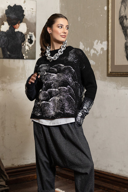 Boxy Black Silver Metallic Merino Wool Sweater 1