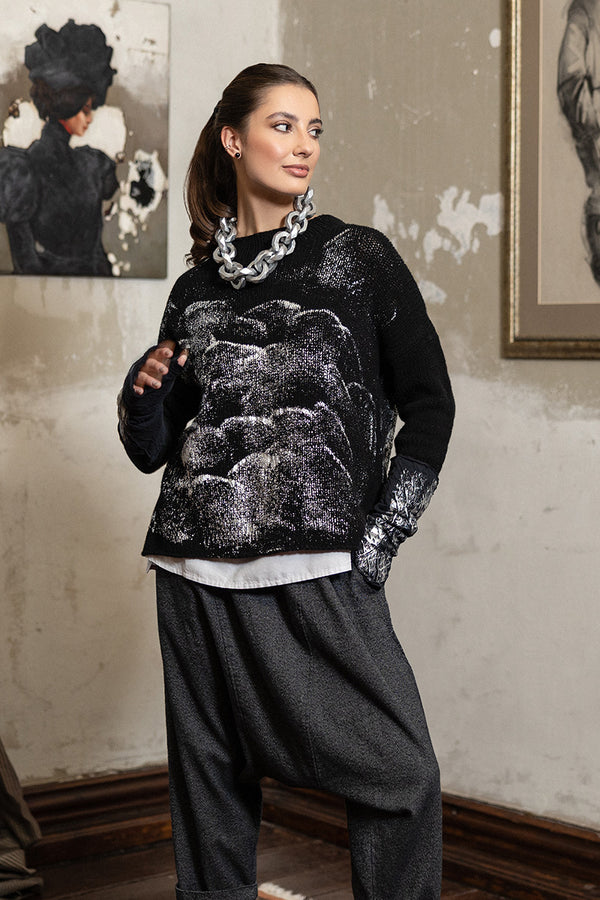 Boxy Black Silver Metallic Merino Wool Sweater 1