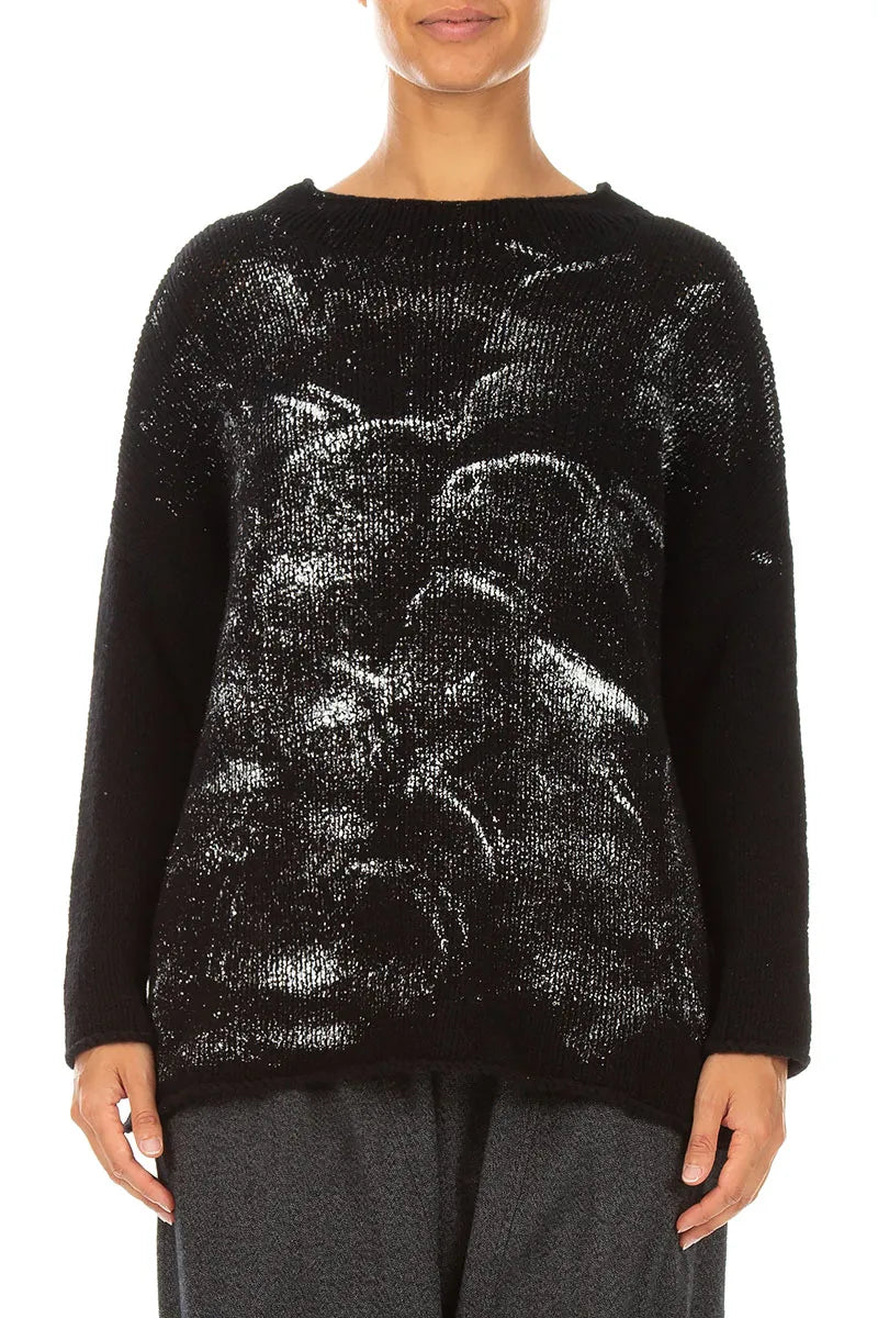 Kastiger Pullover aus schwarzer, silbermetallicfarbener Merinowolle