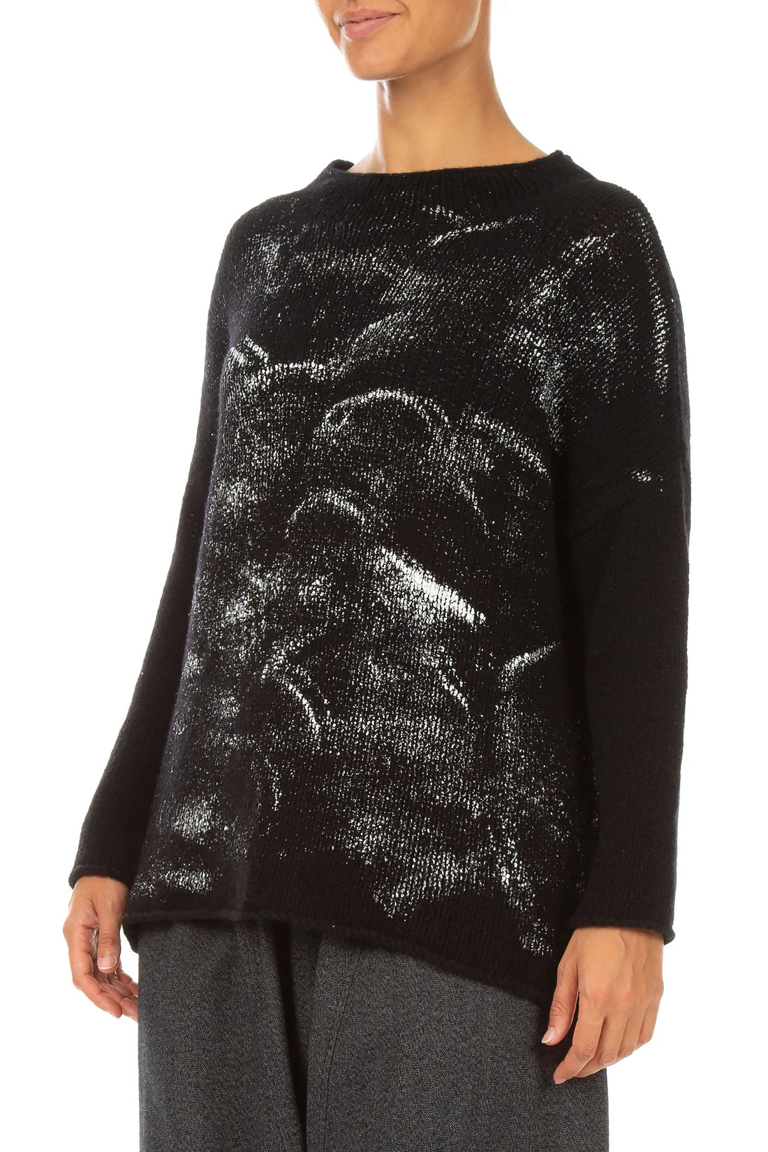 Kastiger Pullover aus schwarzer, silbermetallicfarbener Merinowolle