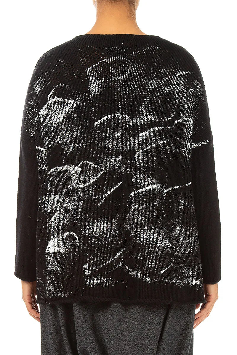 Kastiger Pullover aus schwarzer, silbermetallicfarbener Merinowolle