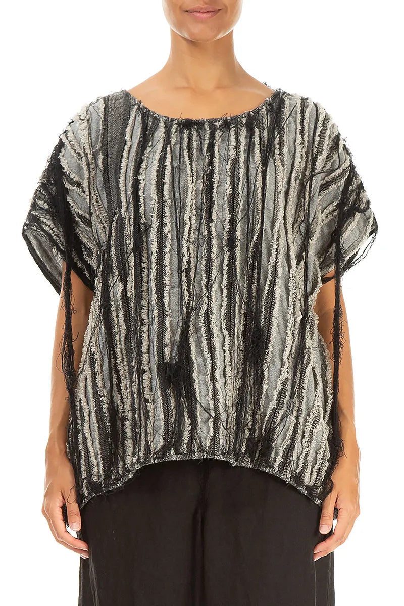 Kastige schwarze Bluse aus Leinen mit Textur