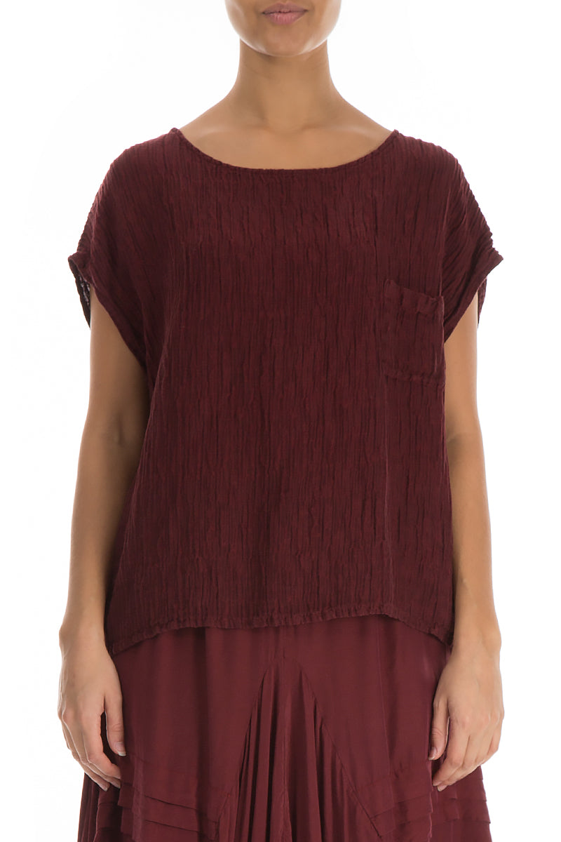 Boxy Burgundy Crinkled Silk Blouse