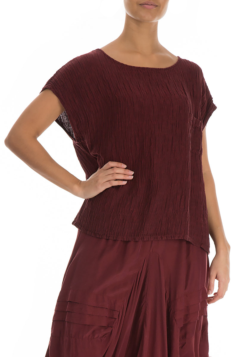 Boxy Burgundy Crinkled Silk Blouse